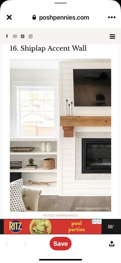 a white fireplace with the words shiplap accent wall on it's side