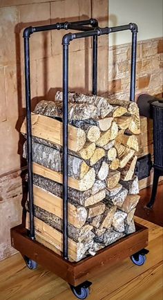 a stack of logs sitting on top of a dolly