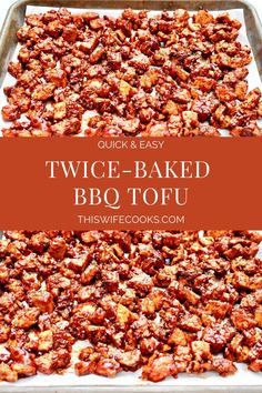 two - baked bbq tofu in a baking pan with the title overlay