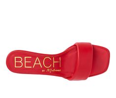 Vegan padded one band sandal on architectural kitten heel. Synthetic Leather upper, Slip on for easy entry,2.25\ heel height, Open square toe, Padded footbed, Man made outsole | Women's Beach by Matisse Blondie Dress Sandals in Red Size 7 Summer Beach Slides With Padded Heel, Beach Sandals With Red Sole And Open Heel, Chic Beach Sandals With Red Sole, Beach Slides With Padded Open Heel, Beach Open Toe Slides With Red Sole, Beach Slides With Red Sole And Open Toe, Dress Loafers, Shoe Insoles, Kids Sandals