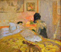 a painting of two people in a bedroom