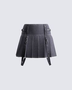 Spice up your wardrobe with this grey denim pleated mini skirt 😝 Complete with a pleated design, and strap details for an edgy bad b*tch feel - this skirt is all you need to elevate your look 🖤 Y2k Summer Outfits, Black Jeans Outfit, Tumblr Fashion, Ruffle Shorts, White Jersey, Grey Denim, New Fashion Trends, Black Ruffle, Mini Wrap Dress