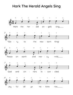 sheet music with the words,'hark the herd angels sing'in black and white