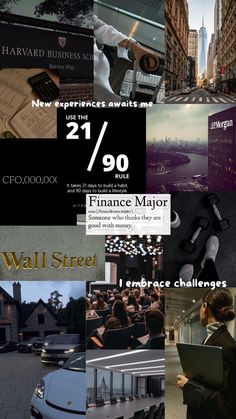 a collage of photos with the words finance major in it's center and below them is an advertisement for wall street