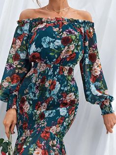 Indulge in the ultimate luxury with our Chic Floral Off Shoulder Bishop Sleeve Ruffle Mermaid Dress. The delicate floral design, combined with the off shoulder and bishop sleeve details, exudes elegance and sophistication. With a touch of ruffle and a playful mermaid silhouette, this dress is sure to make a statement at any event. Color: Multicolor Pattern Type: Floral Details: Ruffle Neckline: Off the Shoulder Details: Tiered Layer Sleeve Length: Long Sleeve Details: Shirred Type: Bodycon Sleev Casual Chiffon Dress, Casual Dress Patterns, Kitenge, Chiffon Material, Bishop Sleeve, Vestido Casual, Mermaid Dress, Evening Attire, Boho Floral