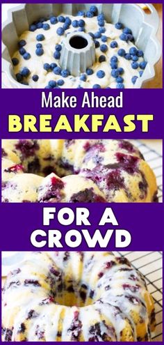 blueberry bundt cake on a cooling rack with the words make ahead breakfast for a crowd