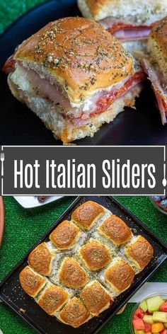 hot italian sliders with cheese, meat and vegetables on the side are shown in this collage