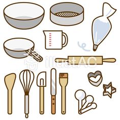 an assortment of kitchen utensils and baking supplies