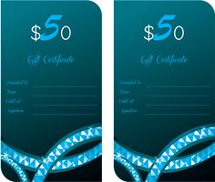 two gift certificates with blue and white designs on the front, one for $ 50