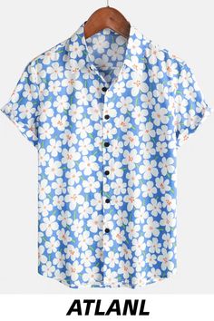 Great for summer vacation, daily leisure, sun beach, travel, rock parties, concert, streetwear, stage performance, dating, urban style, themed parties etc. Casual Shirt With Hibiscus Print For Spring, Blue Cotton Beach Shirt, Casual Cotton Hawaiian Shirt For Spring, Light Blue Short Sleeve Shirt For Summer, Light Blue Short Sleeve Summer Shirt, Summer Blue Shirt For Beach, Blue Summer Beach Shirt, Blue Summer Shirt For Beach, Fitted Summer Beach Shirt