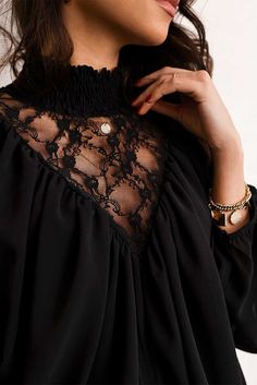 Black Lace Contrast Sheer Frilled Neck Blouse Plus Size Lace, Mock Neck Long Sleeve, Lace Top Long Sleeve, Contrast Blouse, Ruffled Collar, Women Long Sleeve Tops, Puffy Sleeves, Sheer Sleeves, Daily Look