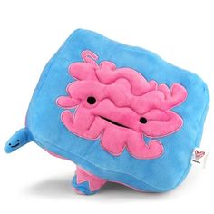 a blue and pink pillow with an octopus on it