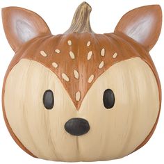 a carved pumpkin shaped like a deer's head with eyes and nose, on a white background