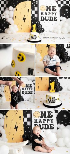 a baby is sitting in front of a cake