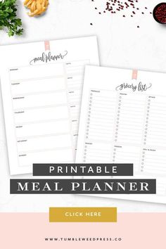 the printable meal planner is shown on top of a table with other food items