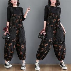 Material: Cotton Type: Jumpsuits Length: Ankle-Length Pants  Item Type: Jumpsuits & Rompers Model Number: 121020101 Fabric Type:� Denim Gender: WOMEN Style: Casual Pattern Type: Print Fit Type: Straight Age: Ages 18-35 Years Old Decoration: Pockets Color: Black Denim Overalls Women Rompers Size: M-XXL Loose Long Woman Jumpsuit Season: Autumn Winter Spring Fall Straps Pants Style: Casual Streetwear Washed Ladies Trousers Detail Design: Print Floral Suspender Bib Baggy Pants Slacks Casual Black Jumpsuit, Womens Denim Overalls, Black Denim Overalls, Womens Black Jumpsuit, Sewing Fashion, Retro Mode, Floral Denim, Loose Jeans, Baggy Pants