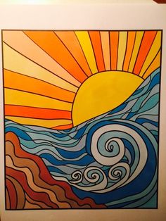 a painting with waves and sun in the background