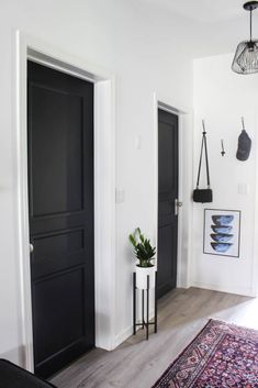 a black door in a white room next to a rug and potted plant on the floor