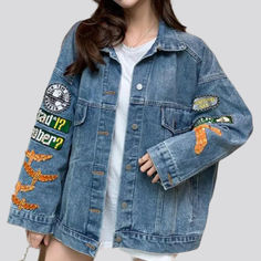 Vintage back print denim jacket online—excellent women's jean jacket from the 2023 Spring-Summer Collection. Urban-style trend lets you focus on individualism and not strictly on current fashion trends. It allows people to experiment with different looks and styles and showcase their personalities. The street-trend also lets you create an outfit that is unique and expresses your style.Painted denim adds a unique flair to any look. It features intricate designs and patterns painted directly onto Casual Spring Outerwear With Graphic Print, Trendy Medium Wash Denim Jacket For Streetwear, Denim Blue Graphic Print Denim Jacket For Fall, Spring Denim Blue Outerwear With Graphic Print, Medium Wash Graphic Print Outerwear For Spring, Medium Wash Outerwear With Graphic Print For Spring, Denim Blue Jacket With Graphic Print For Fall, Trendy Relaxed Fit Denim Jacket For Streetwear, Spring Medium Wash Outerwear With Graphic Print