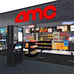 an amc store front with people walking by and there is a vending kiosk