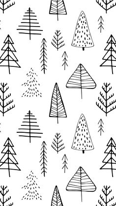 black and white hand drawn trees on a white background, seamless pattern for fabric or wallpaper