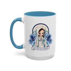 a blue and white coffee mug with an image of the bride