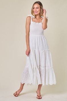 100% Cotton stretch-smocked eyelet dress with tie straps. Dress With Tie Straps, Eyelet Midi Dress, Eyelet Maxi Dress, Smocked Top, Eyelet Dress, White Eyelet, Dress With Tie, Clothes Horse, Look Stylish