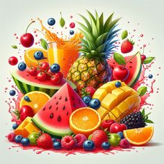 a painting of fruit and juice with splashing paint on it's surface, including pineapples, watermelon, cherries, blueberries, oranges, strawberries, raspberries