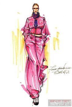 a drawing of a woman in pink clothes