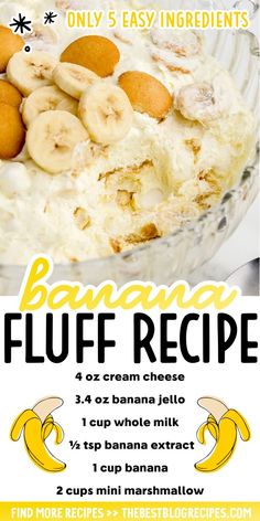 banana fluff recipe in a bowl with bananas on top