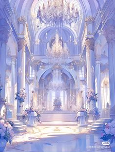 the interior of a fancy church with chandeliers and flowers