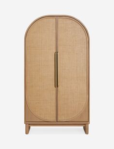 a wooden cabinet with two doors and a gold handle on the front, against a white background