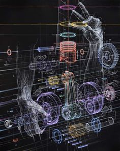 an image of a man working on a machine with colored lines in front of him