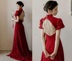 Custom Made Open Back Lace Cheongsam/Qipao Dress With Train | Glorious - Oriental Me Cheongsam Wedding Dress, Red Chinese Dress, Chinese Wedding Tea Ceremony, Red Qipao, Side Split Dress, Cheongsam Modern, Chinese Wedding Dress, Open Shoulder Dress, Dress With Train