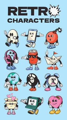 an advertisement for the retro character game, featuring cartoon characters in various poses and expressions