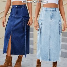 Jean Midi Skirt, High Waisted Denim Skirt, Hippie Girl, Swimwear Bottoms, Plus Size Activewear, Blue Jean, Trendy Dresses, Festival Wear, Side Pocket