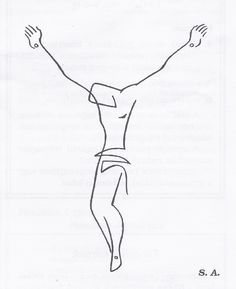 a drawing of a man standing with his arms up in the air and hands out