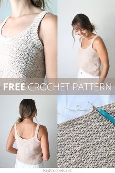 four pictures showing different views of a woman's top and crochet pattern