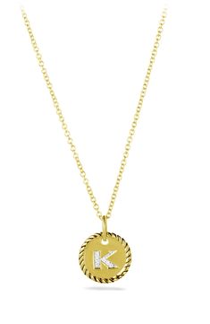 18-karat yellow gold. Pavé diamonds total diamond weight: 0.01 ct. Pendant, 10mm diameter. Necklace, adjustable chain. Imported. Style Name:David Yurman Cable Collectibles Initial Pendant With Diamonds In Gold On Chain. Style Number: 985094. Gold Initial Necklace With Diamond Accents, Diamond Guide, Initial Pendant Necklace, Necklace Craft, Initial Pendant, David Yurman, Initial Necklace, Pave Diamonds, Womens Jewelry Necklace