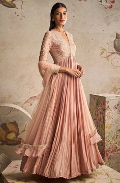 Ridhi Mehra-Sway Dusty Pink Anarkali And Dupatta-INDIASPOPUP.COM Pink Anarkali Suits, Ridhi Mehra, Pink Anarkali, Long Anarkali, Anarkali Dress Pattern, Embroidered Crop Tops, Anarkali Gown, Embroidered Dupatta, Simple Pakistani Dresses