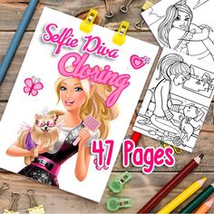 barbie doll coloring pages with crayon markers and colored pencils on wooden background