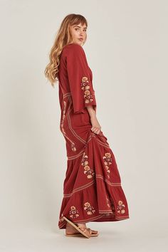 Bohemian Embroidered Fitted V-neck Dress, Fall V-neck Dress With Embroidered Hem, Bohemian Maxi Dress With Embroidered Hem And V-neck, Floral Embroidered V-neck Maxi Dress, Red Bohemian Embroidered Dress With V-neck, Fitted Bohemian Embroidered V-neck Dress, Fitted Bohemian Embroidered Dress With V-neck, V-neck Dress With Floral Embroidery For Fall, Fitted V-neck Bohemian Embroidered Dress