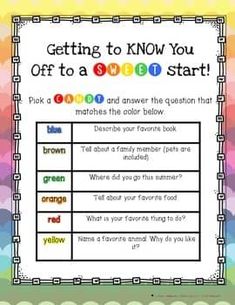 a colorful poster with the words getting to know you off to a smart start on it