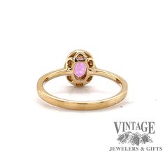 14 karat yellow gold oval pink sapphire and diamond halo ring, back view Petite Woman, Halo Style, Gold Halo, Halo Diamond Ring, Petite Women, Yellow Gold Ring, Quality Diamonds, Birthstone Ring, Round Brilliant Cut