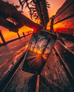 someone taking a photo with their cell phone on the bench at sunset or sunrise in front of palm trees