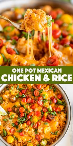 one pot mexican chicken and rice is shown with the title above it