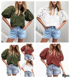 Bjux - Elegant Women's Blouse with Embroidered Appliques Embroidered Short Sleeve Tops With Stretch, Embroidered Short Sleeve Stretch Tops, Embroidered Stretch Short Sleeve Tops, Short Sleeve Embroidered Stretch Tops, Elegant Woman, Types Of Collars, Blouses For Women, Types Of Sleeves, Sleeve Length