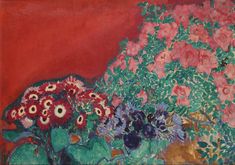 an oil painting of flowers in a vase on a table next to a red wall