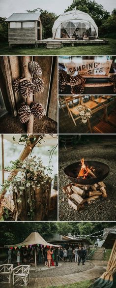 several pictures of people standing around a fire pit and building with pine cones on it