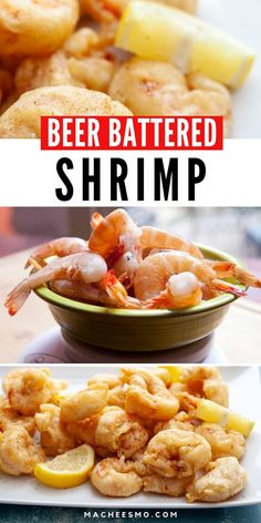 beer battered shrimp in a bowl with lemon wedges on the side and another photo of cooked shrimp